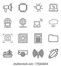 Thin line icon set : loudspeaker, chip, notebook, globe, connect, wireless, cloud, fingerprint, cpu, calculator, documents, baggage checking, surveillance camera, bug