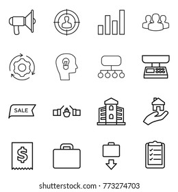 Thin line icon set : loudspeaker, target audience, graph, group, around gear, bulb head, structure, market scales, sale, drawbridge, building, real estate, tax, suitcase, baggage get, clipboard list