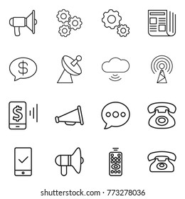 Thin line icon set : loudspeaker, gear, newspaper, money message, satellite antenna, cloud wireless, mobile pay, balloon, phone, checking, remote control