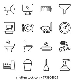 Thin line icon set : loudspeaker, monitor arrow, battery, funnel, atm, cafe, diving mask, barometer, sink, toilet, hanger, vacuum cleaner, factory, bucket, broom, plunger