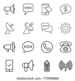 Thin line icon set : loudspeaker, message, touch, money, satellite antenna, discussion, round around, megafon, balloon, phone, mobile checking, remote control, wireless