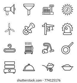 Thin line icon set : loudspeaker, funnel, cashbox, sun power, windmill, nipple, tower crane, alarm, hanger, radiator, vacuum cleaner, pan, double boiler, meal cap, wheelbarrow, foam basin