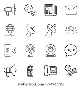 Thin line icon set : loudspeaker, gear, newspaper, mail, globe connect, satellite antenna, group, phone pay, web cam, balloon, remote control, intercome, gears