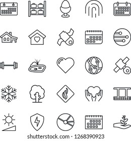 Thin Line Icon Set - luggage storage vector, tree, heart, barbell, hand, satellite, term, film frame, network, protect, brightness, fingerprint id, calendar, pie graph, house with garage, pond