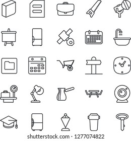 Thin Line Icon Set - luggage scales vector, pennant, graduate, document, presentation board, wheelbarrow, saw, picnic table, signpost, satellite, term, microphone, clock, folder, calendar, blank box