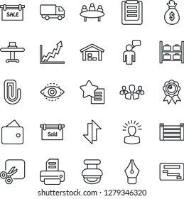 Thin Line Icon Set - luggage storage vector, speaking man, medal, meeting, printer, car delivery, container, clipboard, favorites list, data exchange, cut, eye id, paper clip, ink pen, stamp, sale