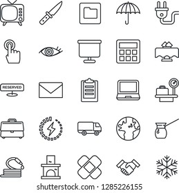 Thin Line Icon Set - luggage scales vector, mail, hose, fireplace, patch, eye, earth, car delivery, umbrella, tv, touch screen, laptop pc, calculator, folder, charge, clipboard, case, handshake