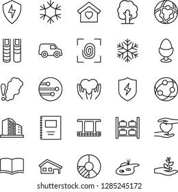 Thin Line Icon Set - luggage storage vector, book, circle chart, tree, heart hand, film frame, network, protect, copybook, house with garage, pond, sweet home, egg stand, fingerprint, snowflake, car