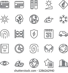 Thin Line Icon Set - luggage storage vector, circle chart, tree, sun, heart hand, eye, term, network, favorites list, protect, calendar, brightness, fingerprint id, copybook, book, pond, snowflake