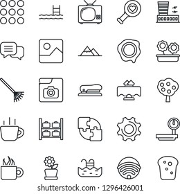 Thin Line Icon Set - luggage storage vector, airport building, coffee, stamp, rake, heart diagnostic, heavy scales, dialog, menu, gallery, settings, photo, application, stapler, pool, fruit tree, tv