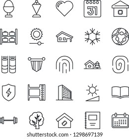 Thin Line Icon Set - luggage storage vector, office building, book, pennant, tree, heart, barbell, film frame, protect, network, calendar, brightness, fingerprint id, copybook, house with garage
