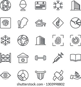 Thin Line Icon Set - luggage storage vector, office building, book, pennant, circle chart, syringe, barbell, satellite, network, eye id, fingerprint, calendar, pie graph, house with garage