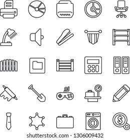 Thin Line Icon Set - luggage scales vector, case, pennant, office binder, job, pencil, circle chart, printer, container, rack, gamepad, hdmi, calculator, folder, pie graph, desk lamp, tie, stapler