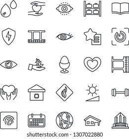 Thin Line Icon Set - luggage storage vector, book, heart, barbell, hand, eye, term, film frame, network, favorites list, protect, brightness, id, fingerprint, house with garage, smart home, water