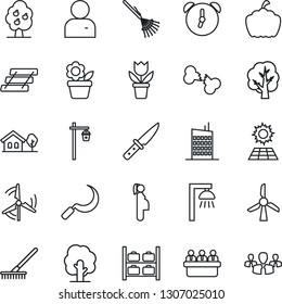 Thin Line Icon Set - luggage storage vector, meeting, flower in pot, rake, tree, sickle, pumpkin, garden light, broken bone, pregnancy, user, alarm, paper tray, house with, sun panel, windmill, city