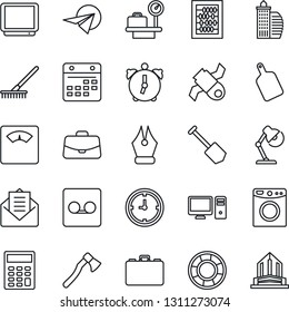 Thin Line Icon Set - luggage scales vector, case, abacus, job, rake, axe, satellite, clock, tv, mail, alarm, record, calendar, calculator, ink pen, desk lamp, office building, cutting board, pc