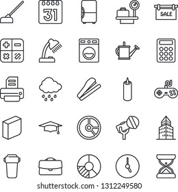 Thin Line Icon Set - luggage scales vector, calculator, graduate, circle chart, printer, watering can, rain, hoe, microphone, gamepad, clock, calendar, case, office building, blank box, desk lamp