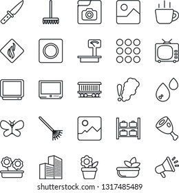 Thin Line Icon Set - luggage storage vector, coffee, flower in pot, rake, butterfly, railroad, heavy scales, tv, menu, gallery, record, photo, office building, salad, ham, knife, water, advertising