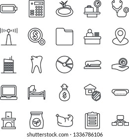 Thin Line Icon Set - luggage scales vector, fireplace, pond, fertilizer, stethoscope, hospital bed, caries, pin, clipboard, antenna, laptop pc, folder, battery, pie graph, manager desk, stapler