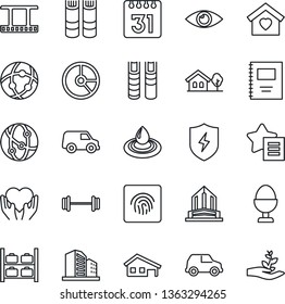 Thin Line Icon Set - luggage storage vector, book, circle chart, barbell, heart hand, eye, film frame, network, favorites list, protect, calendar, fingerprint id, copybook, house with garage, tree