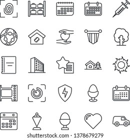 Thin Line Icon Set - luggage storage vector, office building, pennant, tree, sun, heart, syringe, hand, term, film frame, favorites list, protect, network, calendar, eye id, copybook, house with