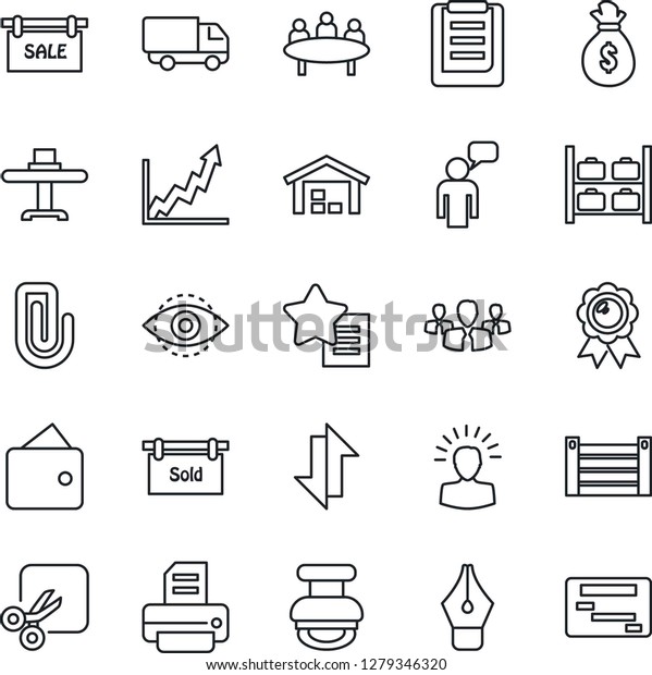 Thin Line Icon Set - luggage storage vector,\
speaking man, medal, meeting, printer, car delivery, container,\
clipboard, favorites list, data exchange, cut, eye id, paper clip,\
ink pen, stamp, sale