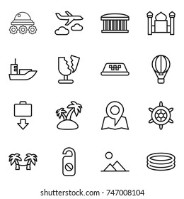 thin line icon set : lunar rover, journey, airport building, minaret, sea shipping, broken, taxi, air ballon, baggage get, island, map, handwheel, palm hammock, do not distrub, landscape