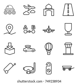 thin line icon set : lunar rover, journey, minaret, road, geo pin, route a to b, plane, fragile, package, car baggage, air ballon, airport tower, suitcase, diving mask, do not distrub, trailer