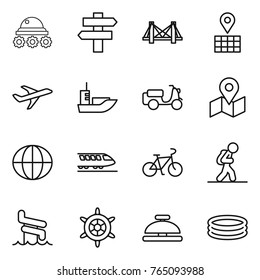 Thin line icon set : lunar rover, singlepost, bridge, map, plane, sea shipping, scooter, globe, train, bike, tourist, aquapark, handwheel, service bell, inflatable pool