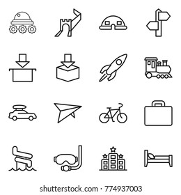 Thin line icon set : lunar rover, greate wall, dome house, signpost, package, rocket, train, car baggage, deltaplane, bike, suitcase, aquapark, diving mask, hotel, bed