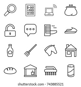 thin line icon set : magnifier, abacus, notebook wireless, purse, unlock, sms, hotel, jet ski, ketchup, fork, horse, house, bread, utility room, brush, cleanser powder