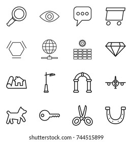thin line icon set : magnifier, eye, message, delivery, hex molecule, globe connect, sun power, diamond, project, outdoor light, arch, plane, dog, key, scissors, horseshoe