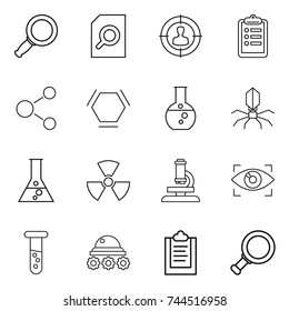 thin line icon set : magnifier, search document, target audience, clipboard, molecule, hex, round flask, virus, nuclear, microscope, eye identity, vial, lunar rover