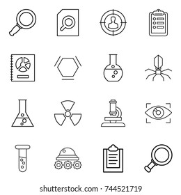 thin line icon set : magnifier, search document, target audience, clipboard, annual report, hex molecule, round flask, virus, nuclear, microscope, eye identity, vial, lunar rover