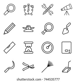 thin line icon set : magnifier, alarm clock, pencil wrench, telescope, scales, construction, level, sand, barometer, kitchen, sickle, pruner, rake, scoop