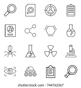 thin line icon set : magnifier, search document, target audience, clipboard, annual report, molecule, hex, round flask, virus, nuclear, microscope, eye identity, lunar rover