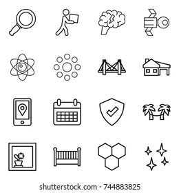 thin line icon set : magnifier, courier, brain, satellite, atom, round around, bridge, house with garage, mobile location, calendar, protected, palm hammock, flower in window, crib, honeycombs