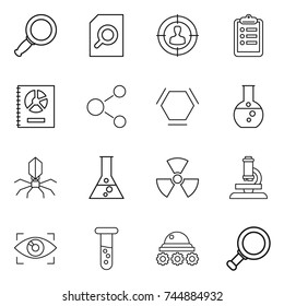 thin line icon set : magnifier, search document, target audience, clipboard, annual report, molecule, hex, round flask, virus, nuclear, microscope, eye identity, vial, lunar rover
