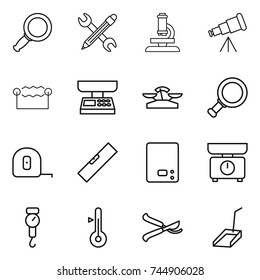 thin line icon set : magnifier, pencil wrench, microscope, telescope, electrostatic, market scales, measuring tape, level, kitchen, handle, thermometer, pruner, scoop
