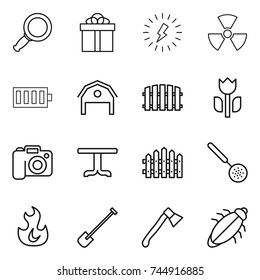 thin line icon set : magnifier, gift, lightning, nuclear, battery, barn, fence, perishable, camera, table, skimmer, fire, shovel, axe, bug