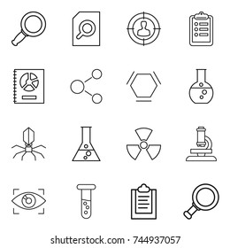 thin line icon set : magnifier, search document, target audience, clipboard, annual report, molecule, hex, round flask, virus, nuclear, microscope, eye identity, vial