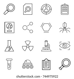 thin line icon set : magnifier, search document, target audience, clipboard, annual report, molecule, hex, virus, flask, nuclear, microscope, eye identity, vial, lunar rover
