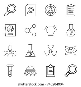 thin line icon set : magnifier, search document, target audience, clipboard, annual report, molecule, hex, round flask, virus, nuclear, eye identity, vial, lunar rover