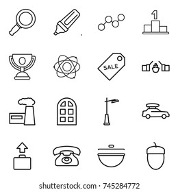 thin line icon set : magnifier, marker, graph, pedestal, trophy, atom, sale label, drawbridge, factory, arch window, outdoor light, car baggage, phone, cauldron, acorn