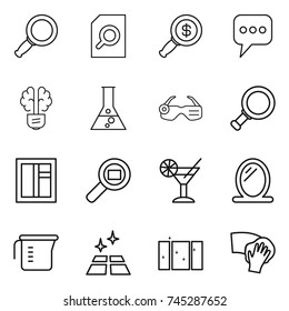 thin line icon set : magnifier, search document, dollar, message, bulb brain, flask, smart glasses, window, cargo, cocktail, mirror, measuring cup, clean floor, wiping