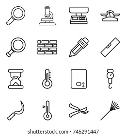 thin line icon set : magnifier, microscope, market scales, brick wall, pencil, level, sand clock, thermometer, kitchen, handle, sickle, pruner, rake