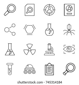thin line icon set : magnifier, search document, target audience, annual report, molecule, hex, round flask, virus, nuclear, microscope, eye identity, vial, lunar rover, clipboard