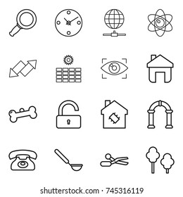 thin line icon set : magnifier, clock, globe connect, atom, up down arrow, sun power, eye identity, home, bone, unlock, smart house, arch, phone, ladle, scissors, trees