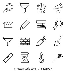 thin line icon set : magnifier, funnel, alarm clock, telescope, electrostatic, pencil, market scales, brick wall, construction, level, sand, thermometer, rake