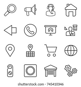 thin line icon set : magnifier, loudspeaker, call center, home, left arrow, phone, presentation, architector, geo pin, map, cart, globe, do not distrub, ring button, garage, gears